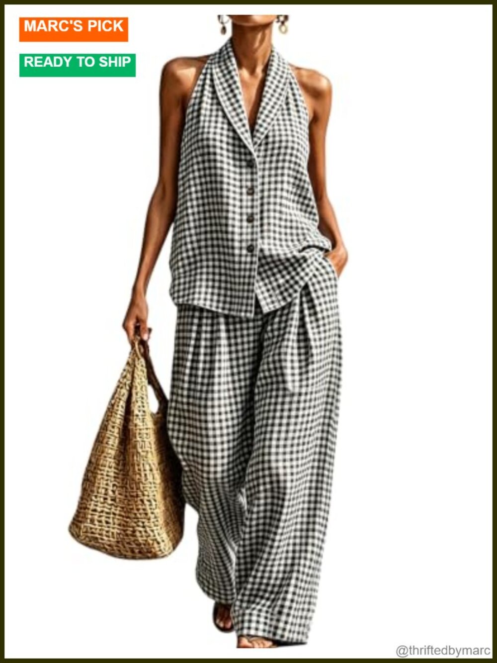 Gingham 2 Piece Set Halter Button Front Tank & Barrel Leg Pants Cotton